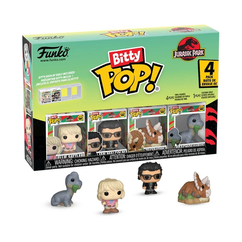 PRE-PEDIDO Bitty Pop 4 Pack 2.5cm - Ellie Sattler + Ian Malcolm + Triceratops + Figura Bitty Pop! sorpresa - Jurassic Park